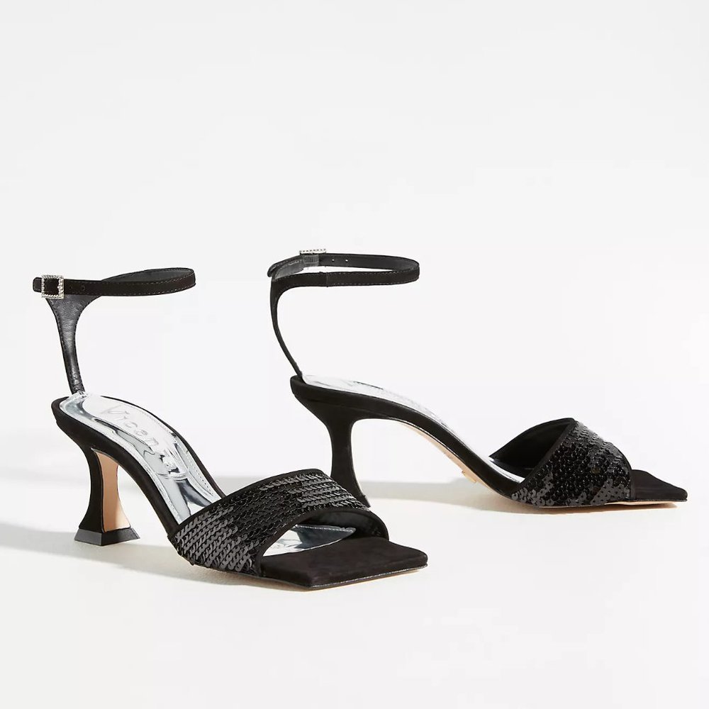 Anthro Vicenza Preto Black Sequin Heels Sandals 39